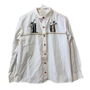 Cats Women Button Down Shirt No Brand Embroidered Size Measured‎ Kitty Artsy